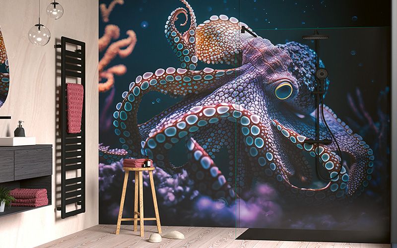 Dusche mit kunstvoller Wandverkleidung Dusche mit kunstvoller Wandverkleidung